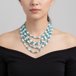 Mother Of Pearl And Blue Agate 5 Strand Bib Necklace